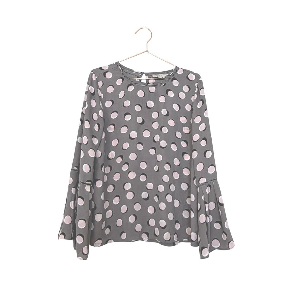 LOFT outlet gray Blouse with Pink Polka Dots and Bell Sleeves size medium